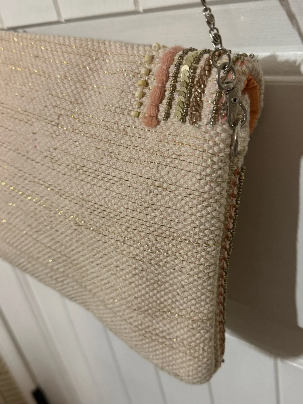 America & Beyond Embellished Pink & Cream Beaded Envelope Crossbody Bag/Clutch